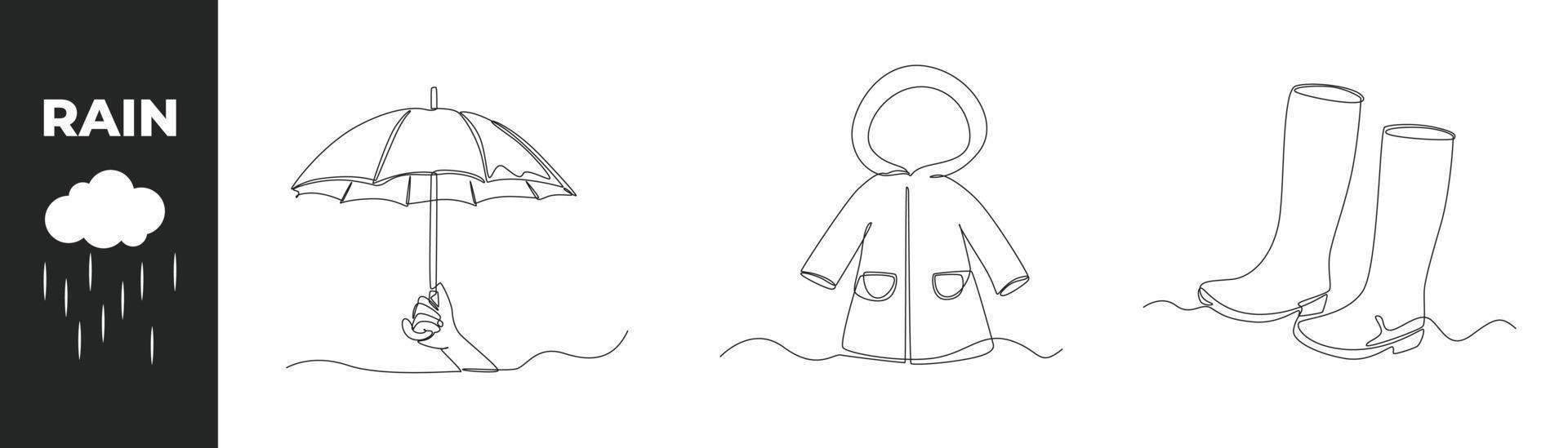 concepto de conjunto de equipos de temporada de monzón de dibujo continuo de una línea. paraguas, traje impermeable y botas. ilustración gráfica vectorial de diseño de dibujo de una sola línea. vector