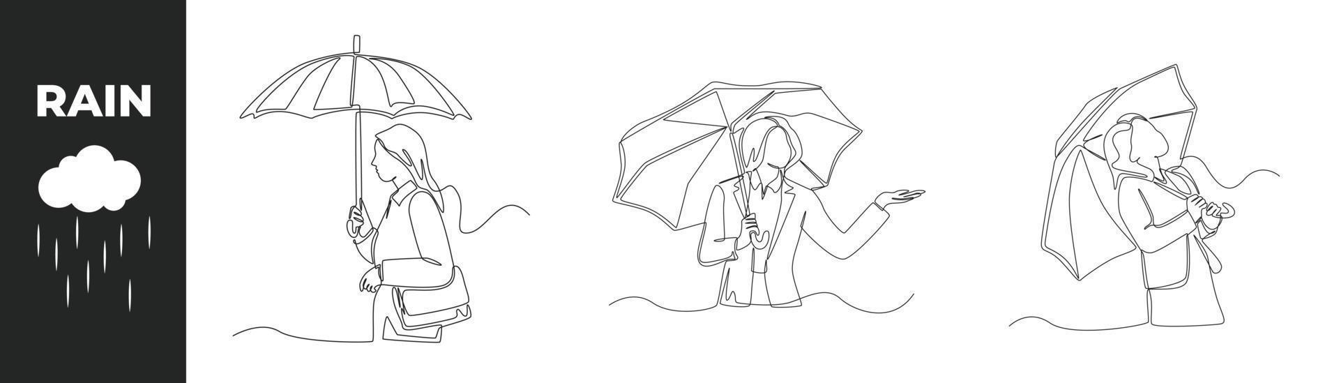 Continuous one line drawing monsoon season equipment set concept. Happy businesswoman using umbrella in the rain. Single line draw design vector graphic illustration.