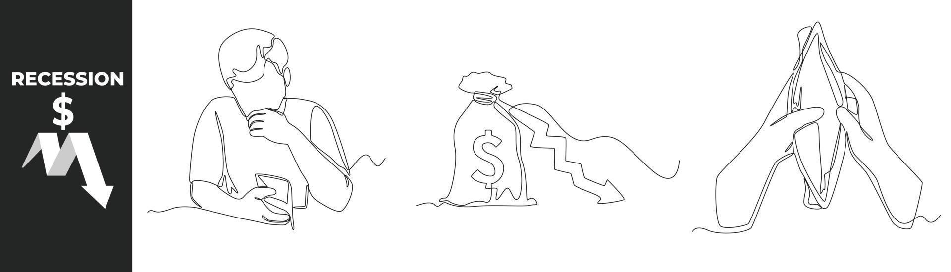 Single one line drawing recession economy set concept. Recession 2023. Man hand holding empty wallet and Money bag with dollar. Design graphic vector illustration.