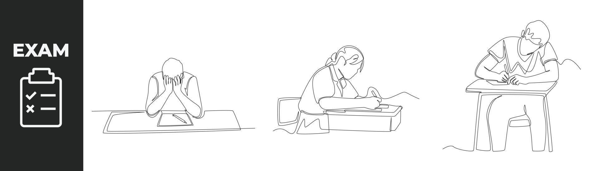 Single one line drawing exam preparation set concept. Boy student stress for exam and Students study with books and laptop prepare for exam. Continuous line draw design graphic vector illustration.