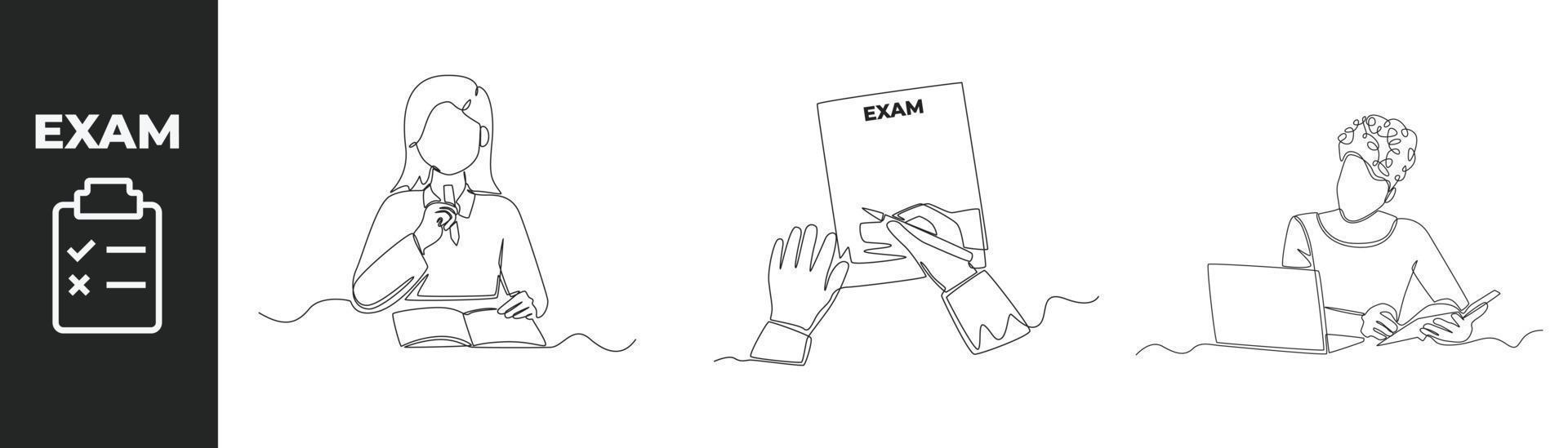 Single one line drawing exam preparation set concept. Young Students study with books and laptop prepare for exam. Continuous line draw design graphic vector illustration.