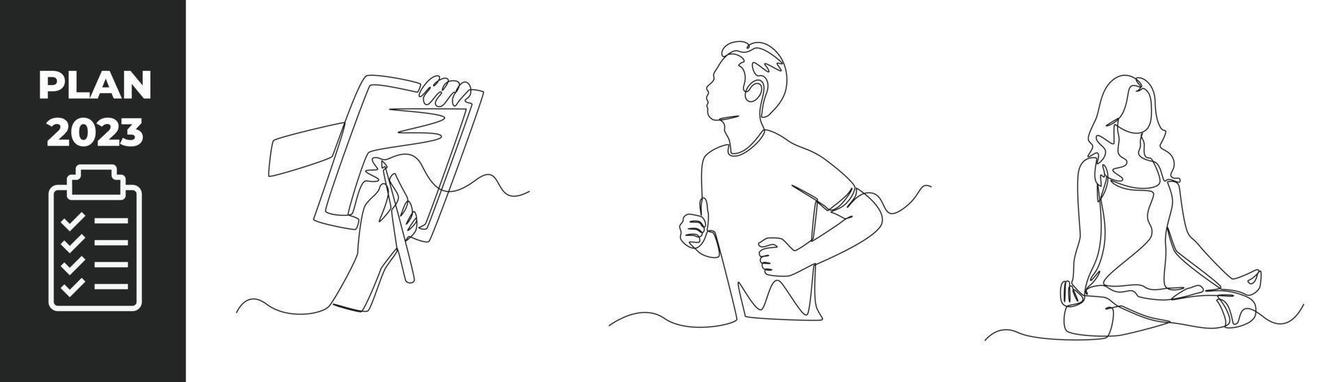 Continuous one line drawing 2023 planning set concept. Hand make plan on note, doing sports and yoga. Single line draw design vector graphic illustration.