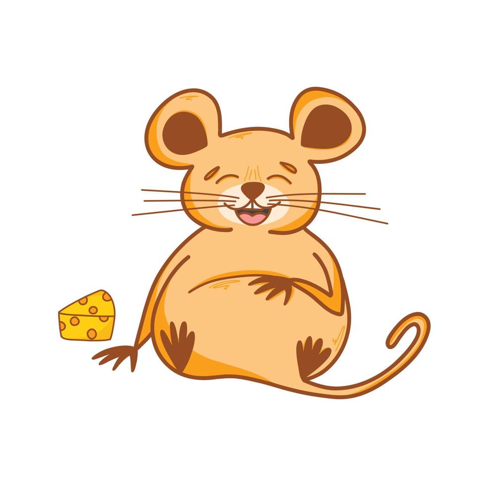 lindo personaje de ratón con un trozo de queso en estilo de dibujos animados, lindos animales, roedores. ilustración infantil vectorial del diseño de caricaturas dibujadas a mano para postales, afiches, camisetas, adolescentes, pegatinas. vector