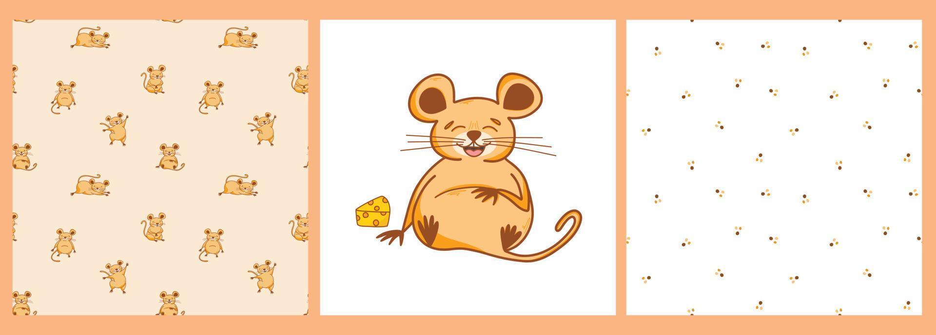 un conjunto de patrones y un afiche con un lindo personaje de ratón con un trozo de queso al estilo de las caricaturas, lindos animales, roedores. ilustración infantil para postales, afiches, camisetas, adolescentes, pegatinas vector