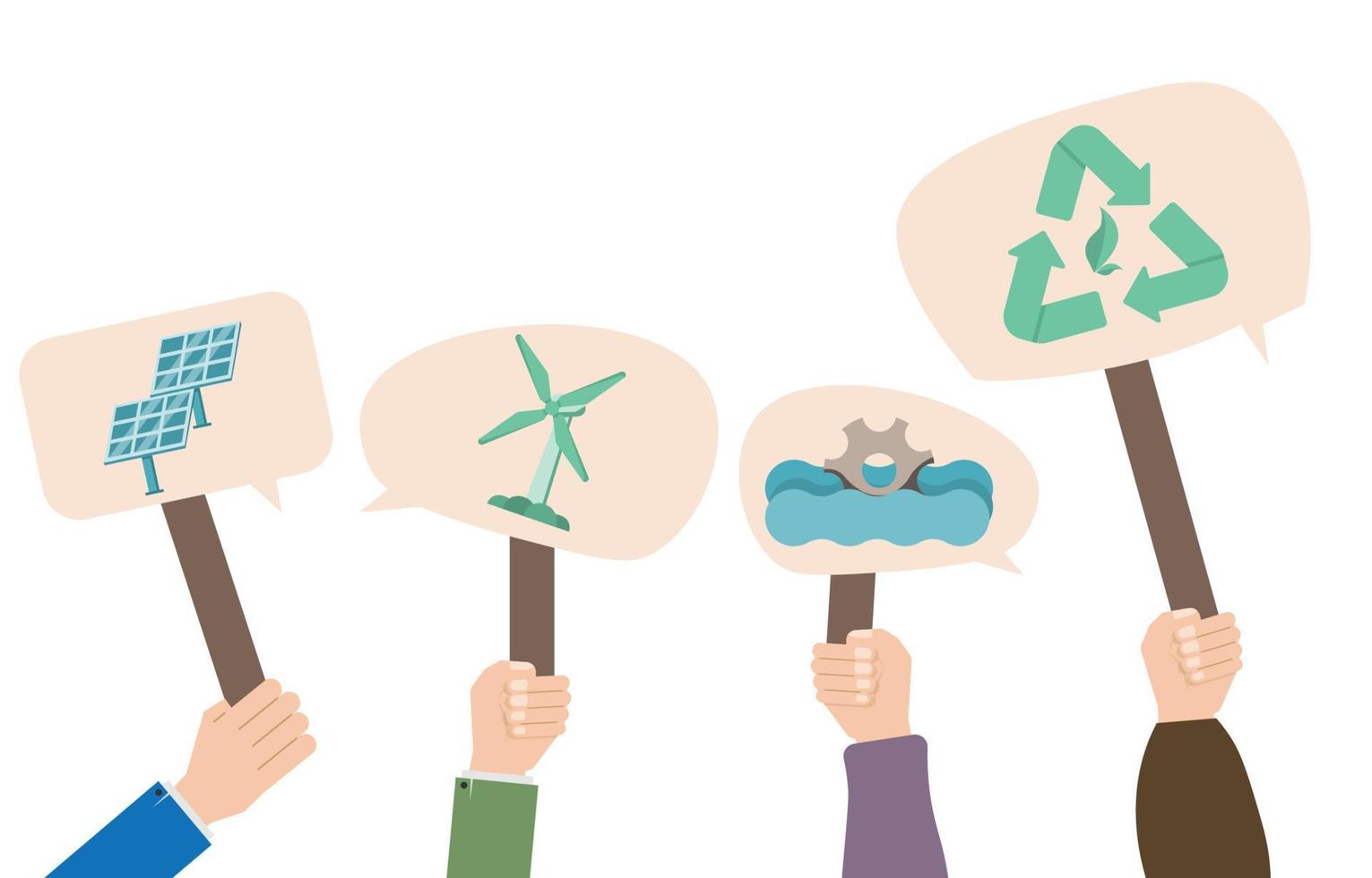 Sustainable use of renewable energy. Vector hand holding a sign for renewable energy campaign. Solar cell signs, wind turbines, water power. The concept of saving the earth and the environment