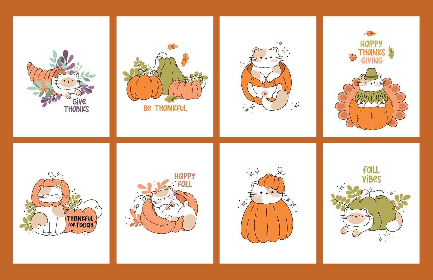 dibujar gatos divertidos con calabazas para acción de gracias y otoño otoño ilustración vectorial colección de personajes gatos divertidos. estilo de dibujos animados de fideos. vector