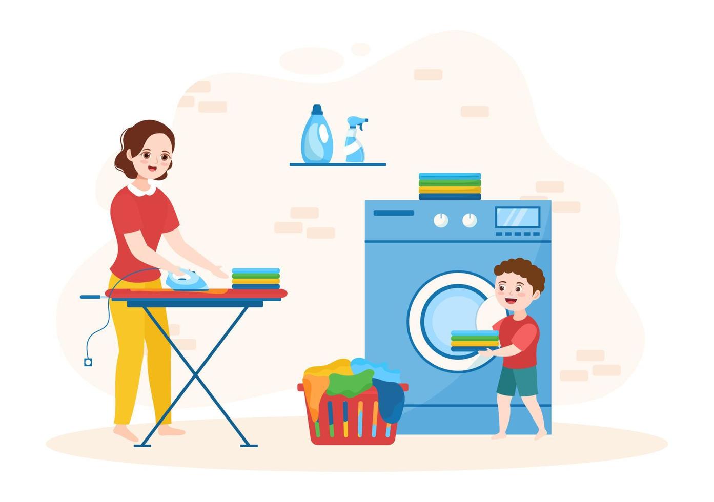Dry Cleaning Store Service with Kid, Washing Machines, Dryers and Laundry for Clean Clothing in Flat Cartoon Hand Drawn Templates Illustration vector