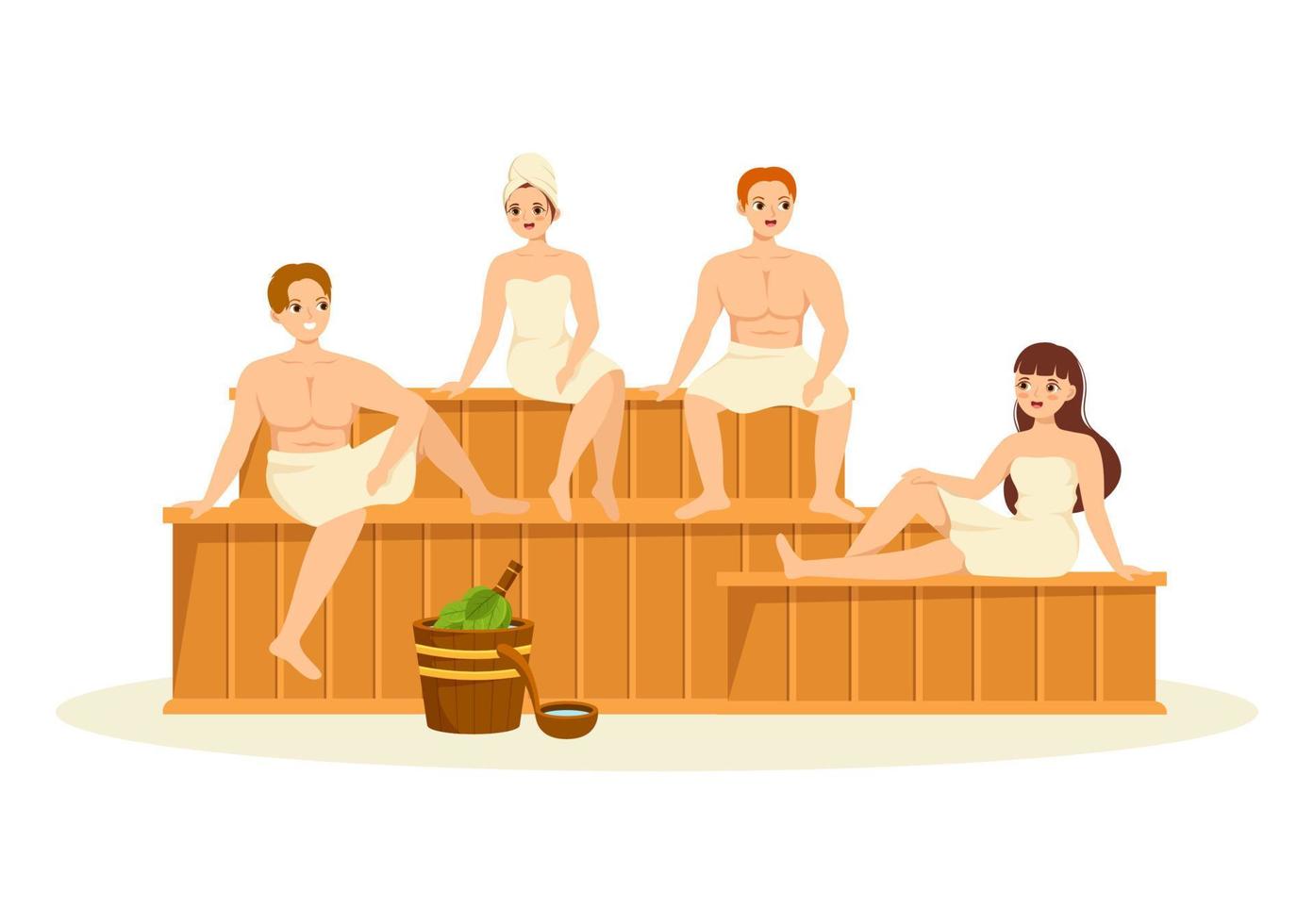 sauna y sala de vapor con personas que se relajan, se lavan el cuerpo, se vaporizan o disfrutan del tiempo en dibujos animados planos dibujados a mano ilustración de plantillas vector