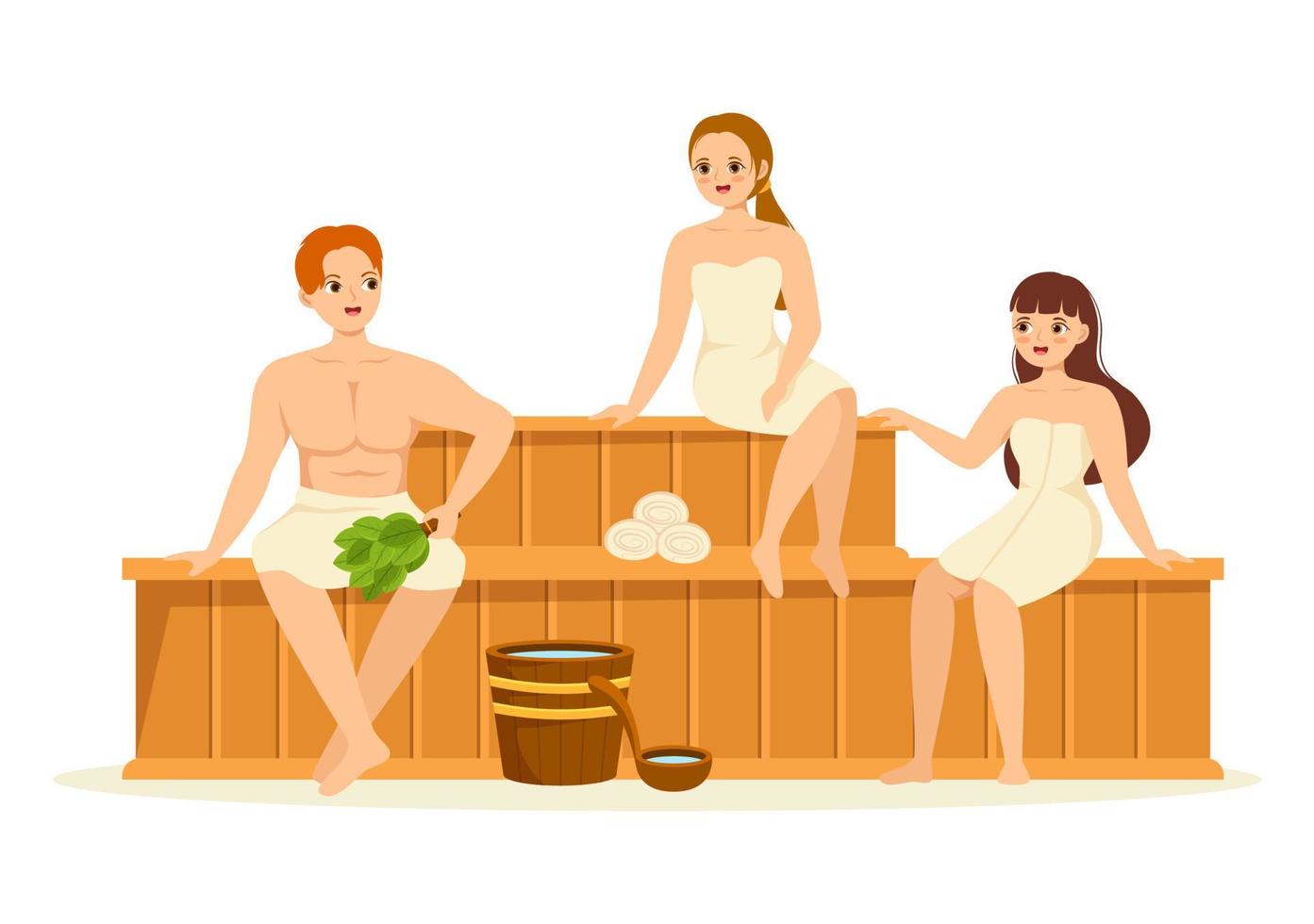 Sauna and Steam Room with People Relax, Washing Their Bodies, Steam or Enjoying Time in Flat Cartoon Hand Drawn Templates Illustration vector