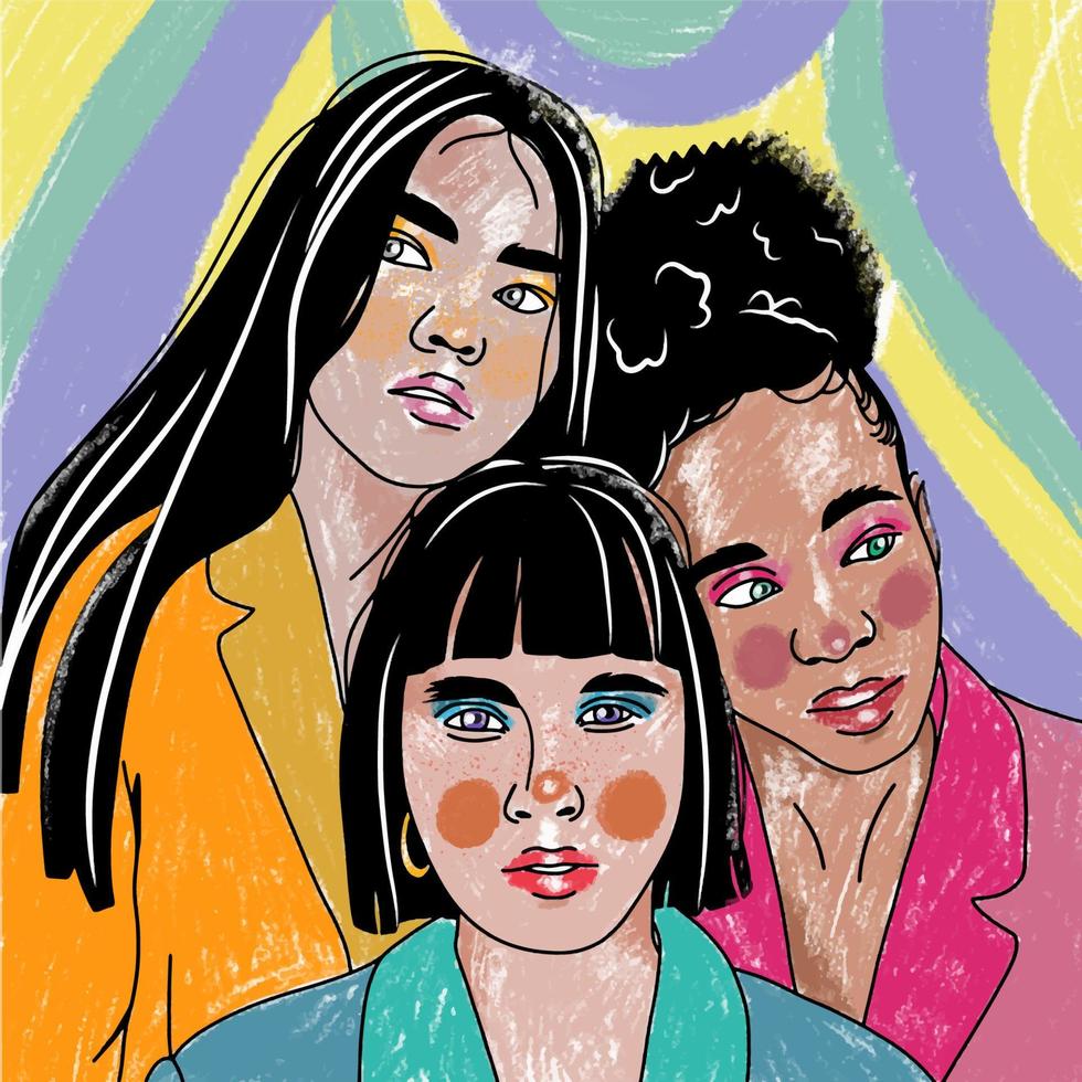 grupo de chicas, hermoso retrato, colores brillantes, arte pop vector