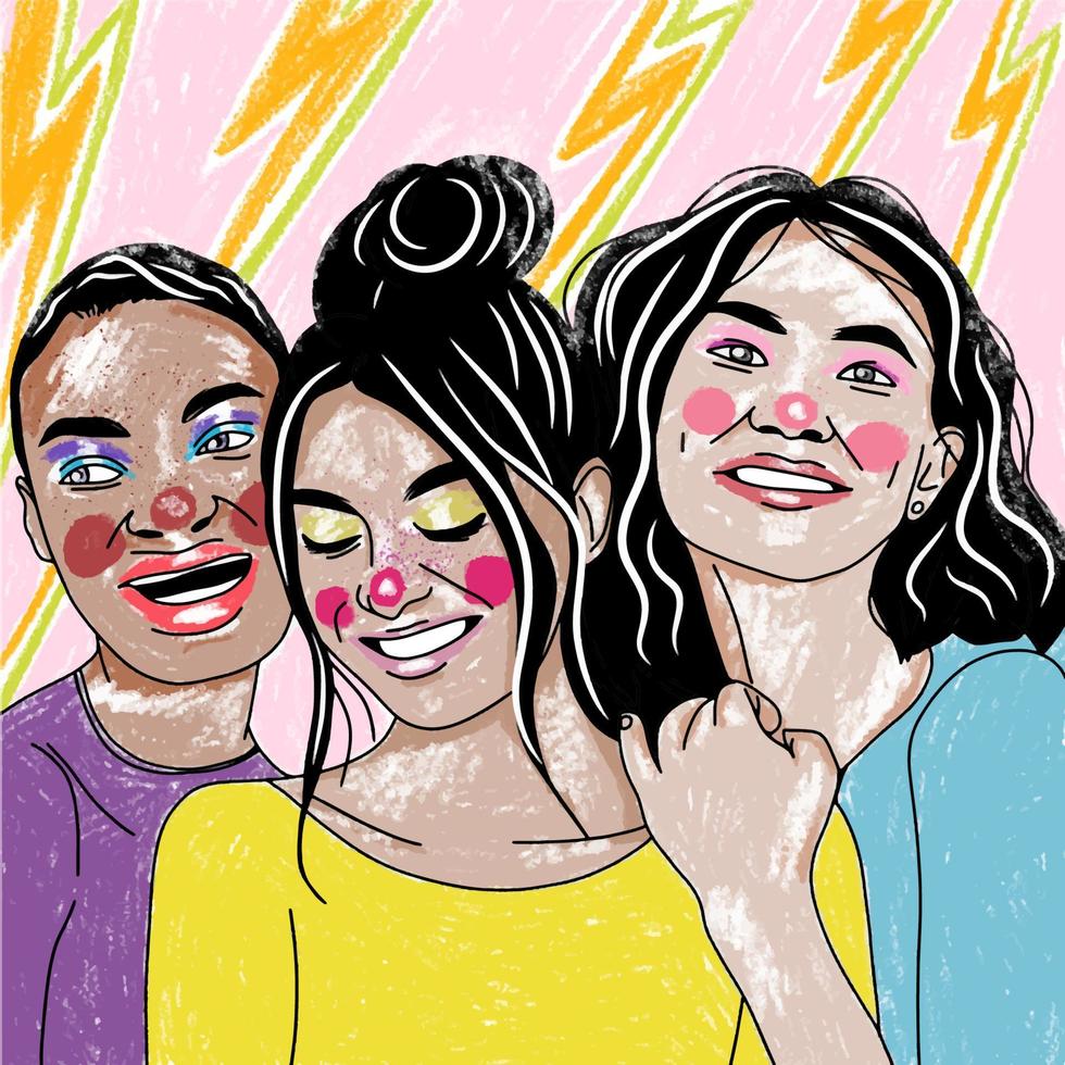 retratos de un grupo de chicas con un fondo brillante, arte pop vector