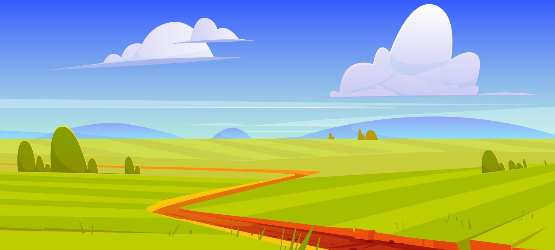 Cartoon nature landscape, dirt road go along field vector