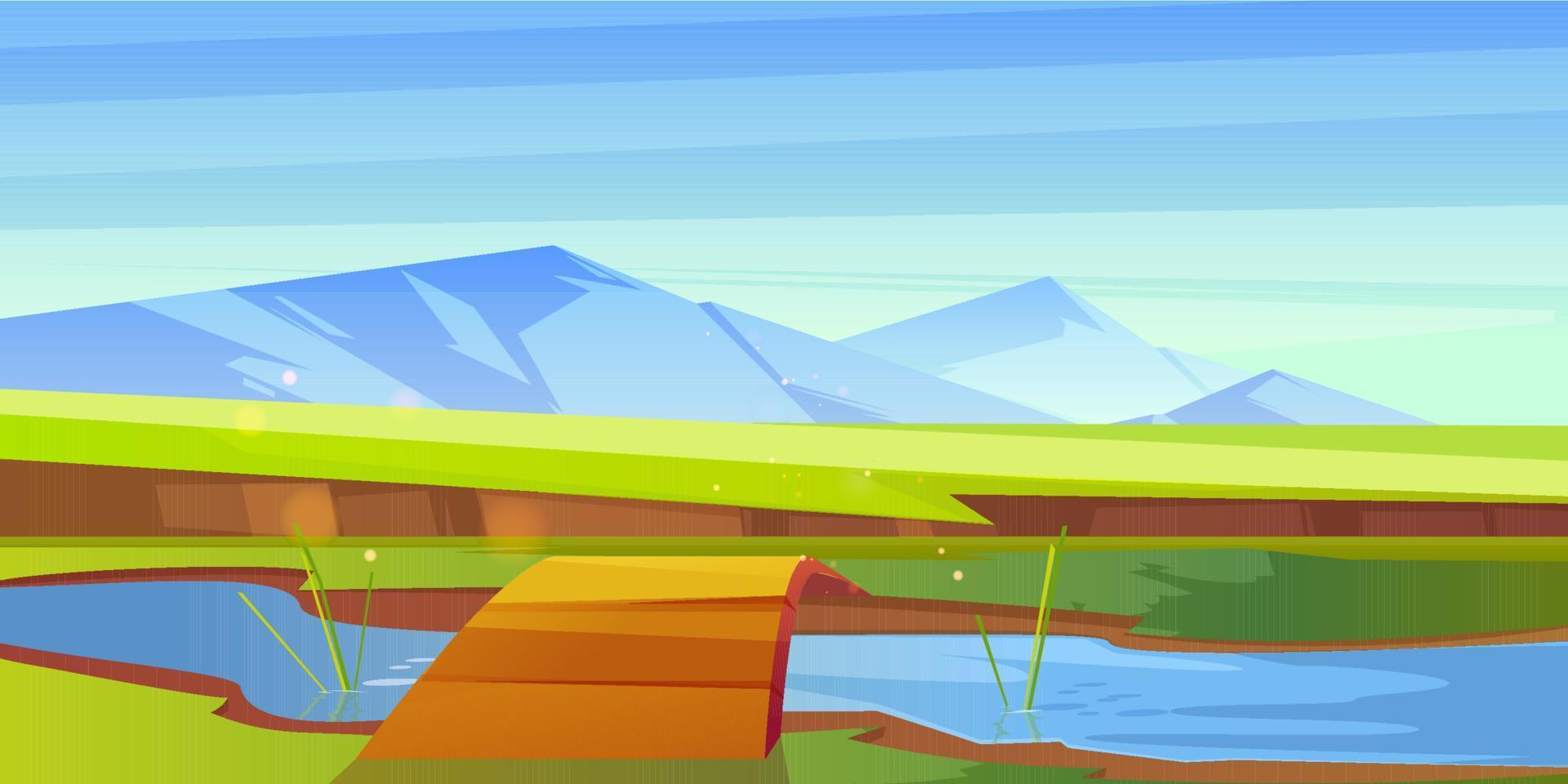 dibujos animados naturaleza paisaje puente de madera sobre el río vector