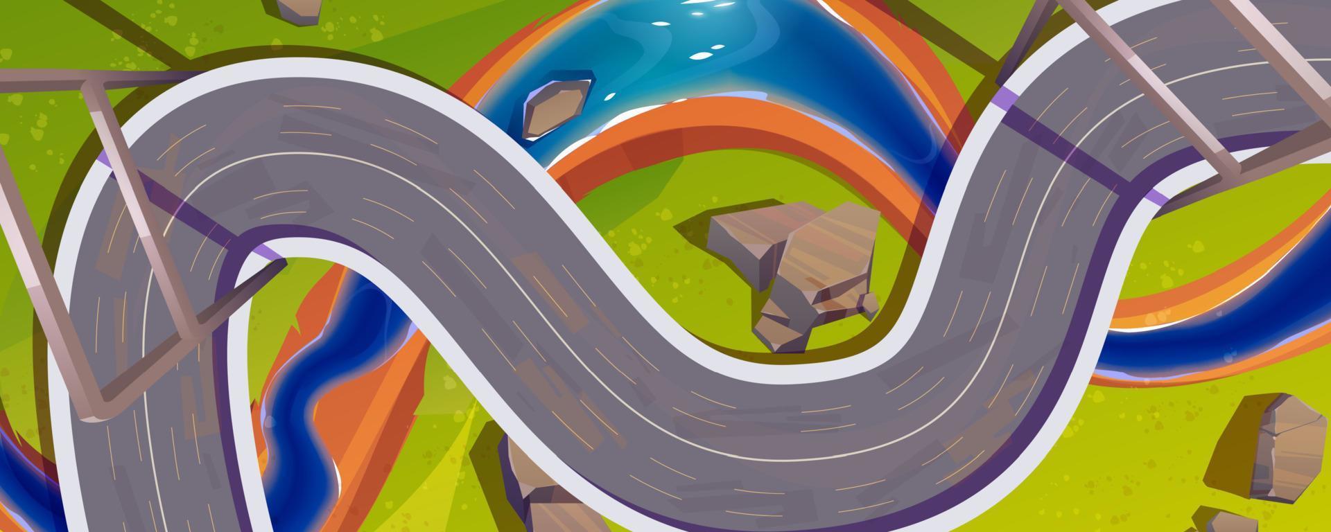 Winding highway over green field, river and rocks vector