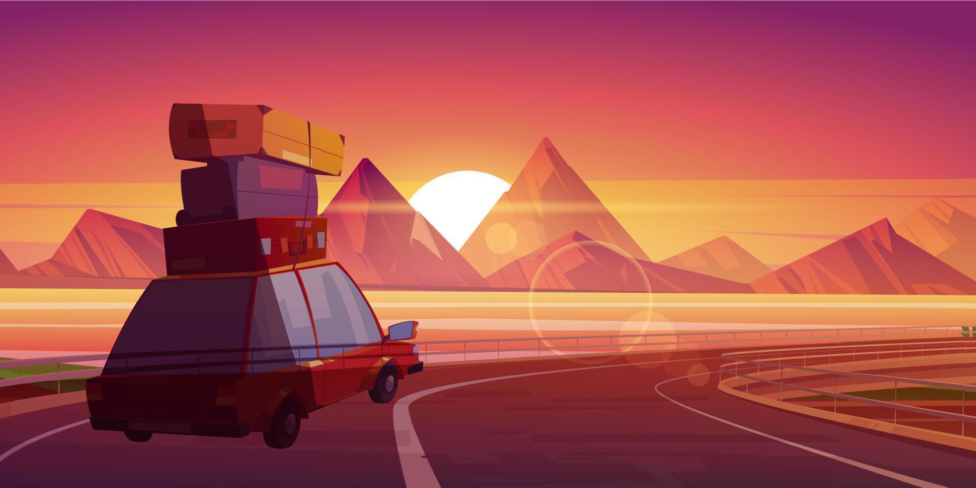 Car journey, summer travel, road trip at sunset vector