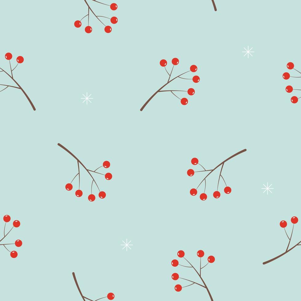 Winter seamless pattern with mountain ash branches on a blue background. Vector background in a cute hand-drawn style