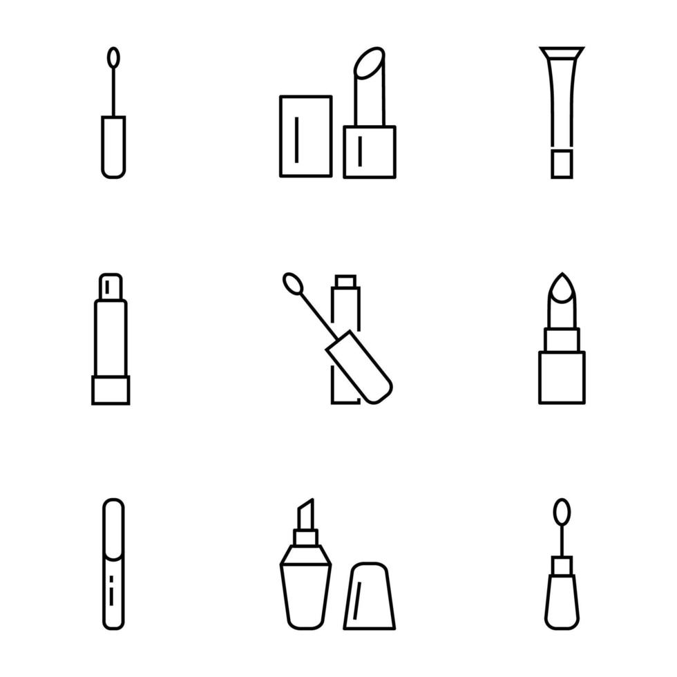 Set of modern outline symbols for internet stores, shops, banners, adverts. Vector isolated line icons of various lipsticks, lip glosses