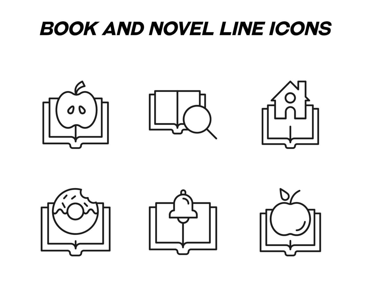 Monochrome signs in flat style for stores, shops, web sites. Editable stroke. Vector line icon set with symbols of apple, magnifying glass, house, donut, bell, apple over book