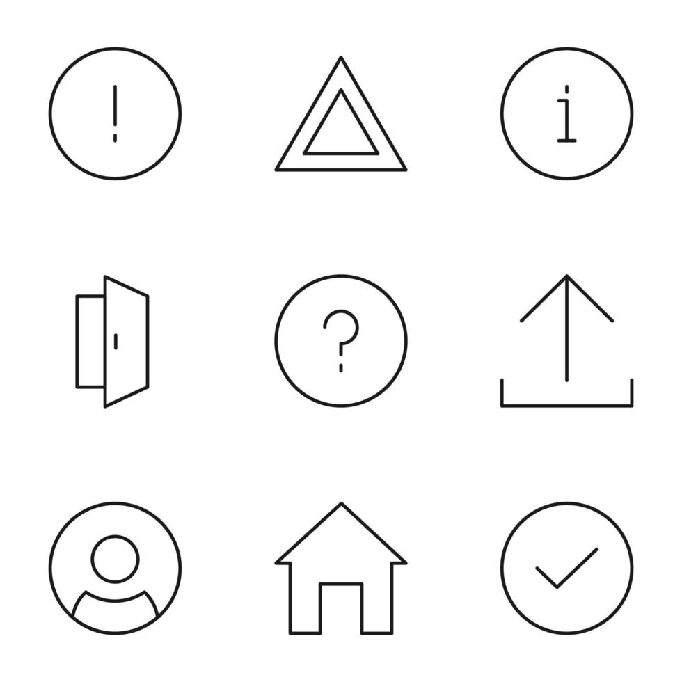 Set of modern outline symbols for internet stores, shops, banners, adverts. Vector isolated line icons of exclamation, notification, upload and other interface symbols