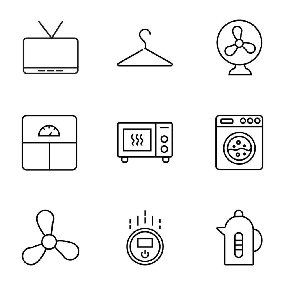 Set of modern outline symbols for internet stores, shops, banners, adverts. Vector isolated line icons of television, coat hanger, fan, scales, microwave oven, washing machine