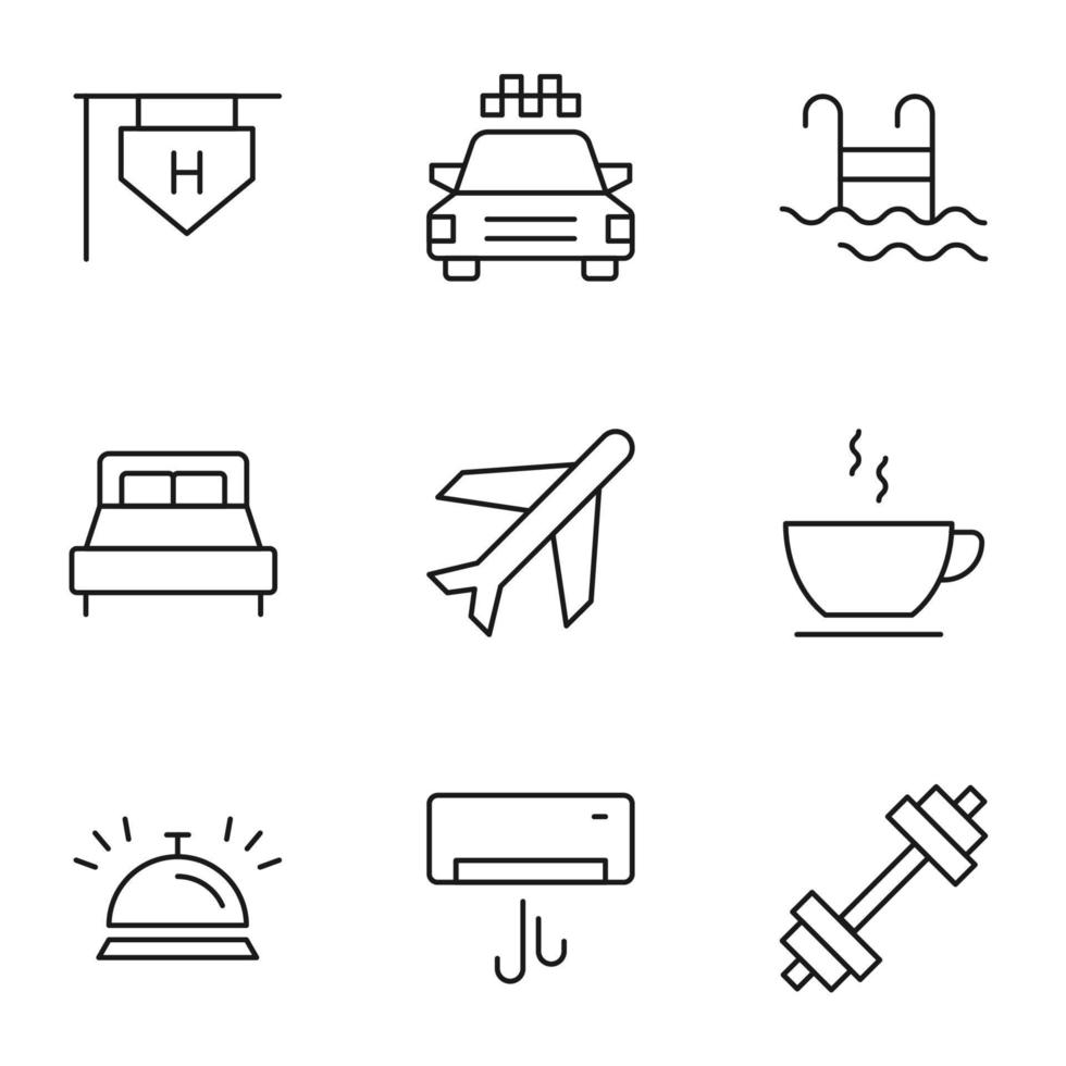 Set of modern outline symbols for internet stores, shops, banners, adverts. Vector isolated line icons of hotel, taxi, swimming pool, bed, airplane, cup, bowl with cloche