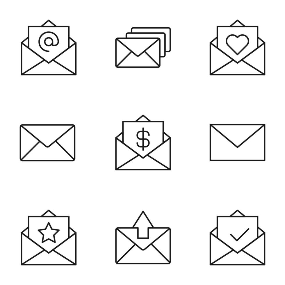 Set of modern outline symbols for internet stores, shops, banners, adverts. Vector isolated line icons of heart, at sign, heart, star, arrow, check mark in envelops