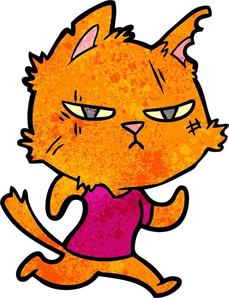 Retro grunge texture cartoon fighter cat running vector