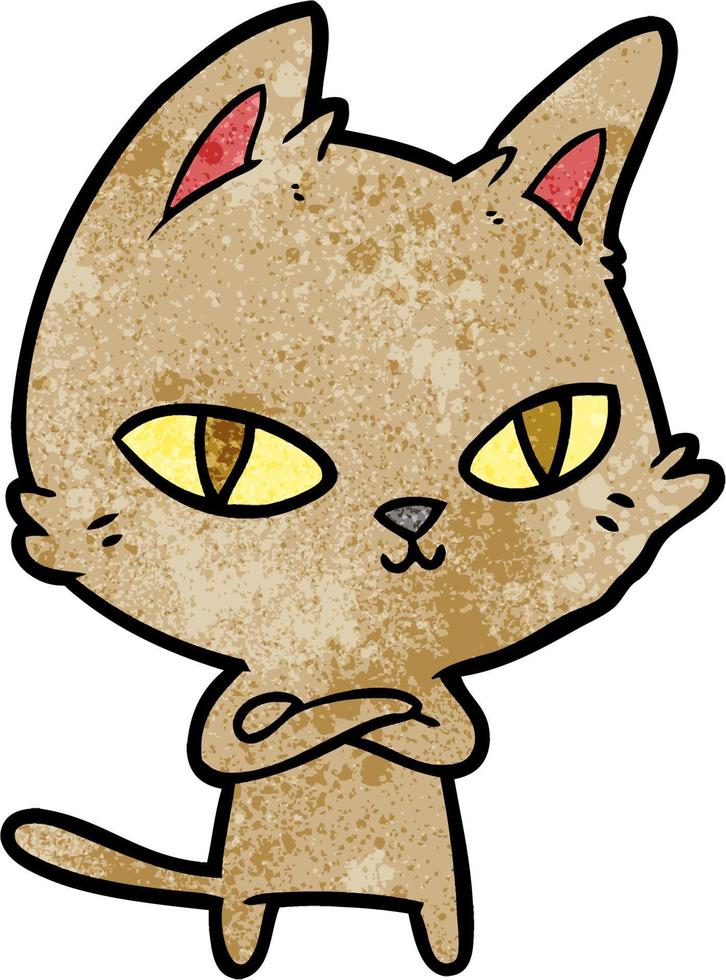 gato de dibujos animados de textura grunge retro mirando fijamente vector