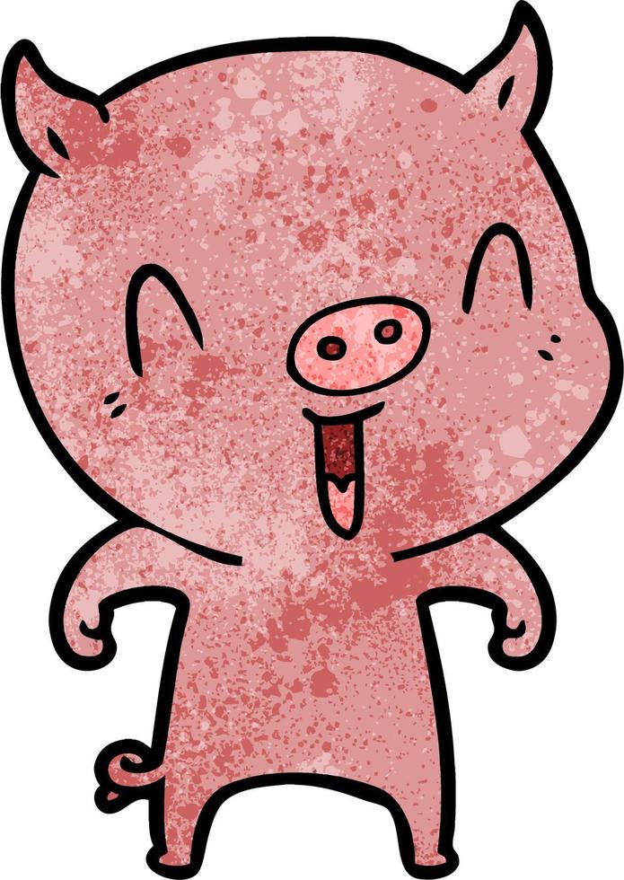 Retro grunge texture cartoon happy pig vector
