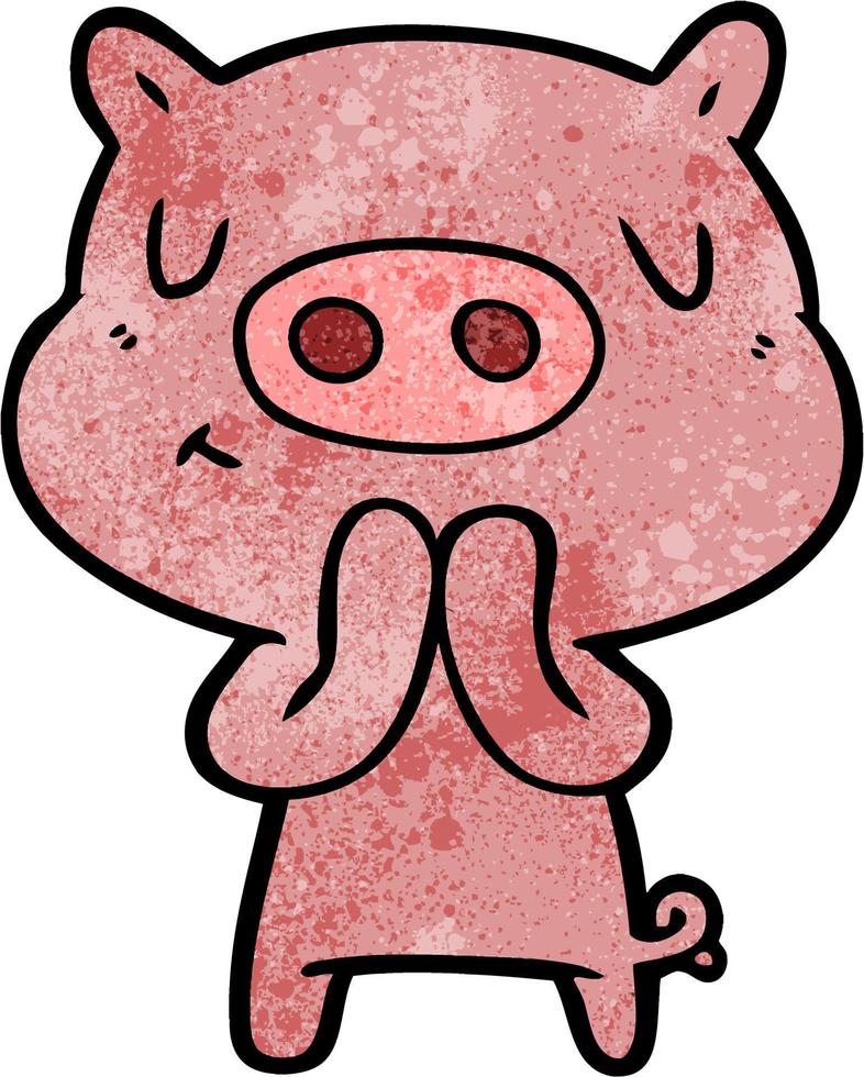 Retro grunge texture cartoon happy pig vector