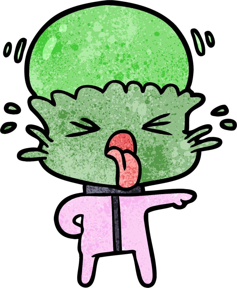 Retro grunge texture cartoon alien spaceman tongue out vector