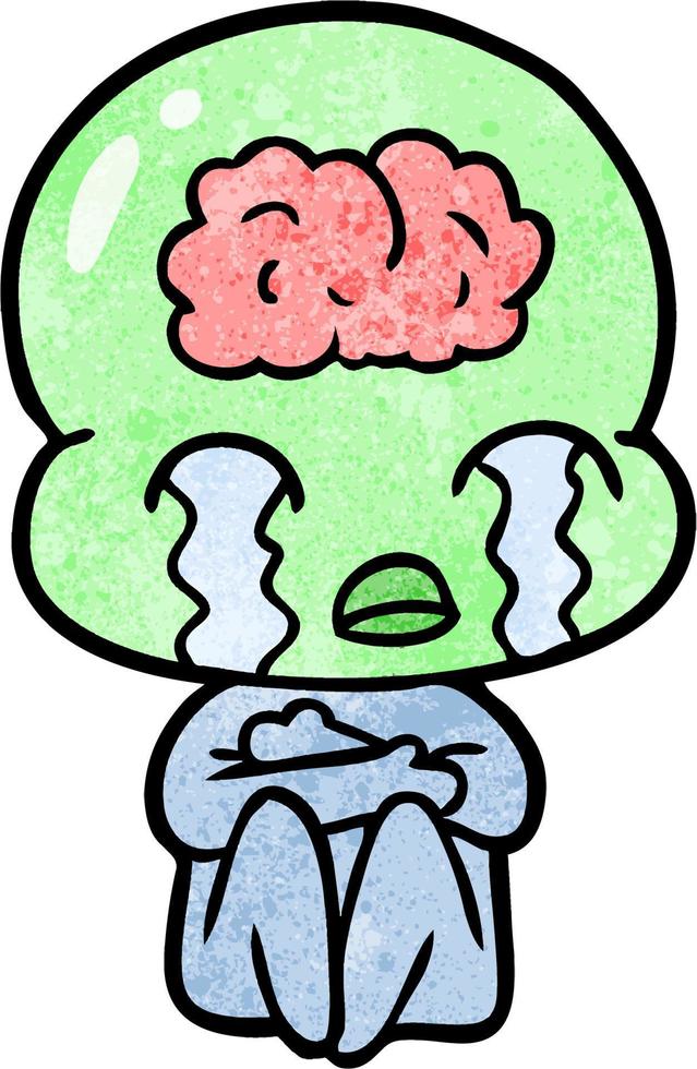 Retro grunge texture cartoon alien crying vector