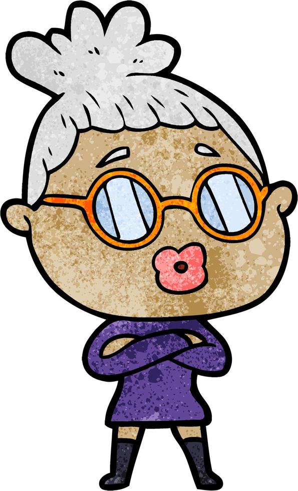 chica de dibujos animados de textura grunge retro con gafas vector