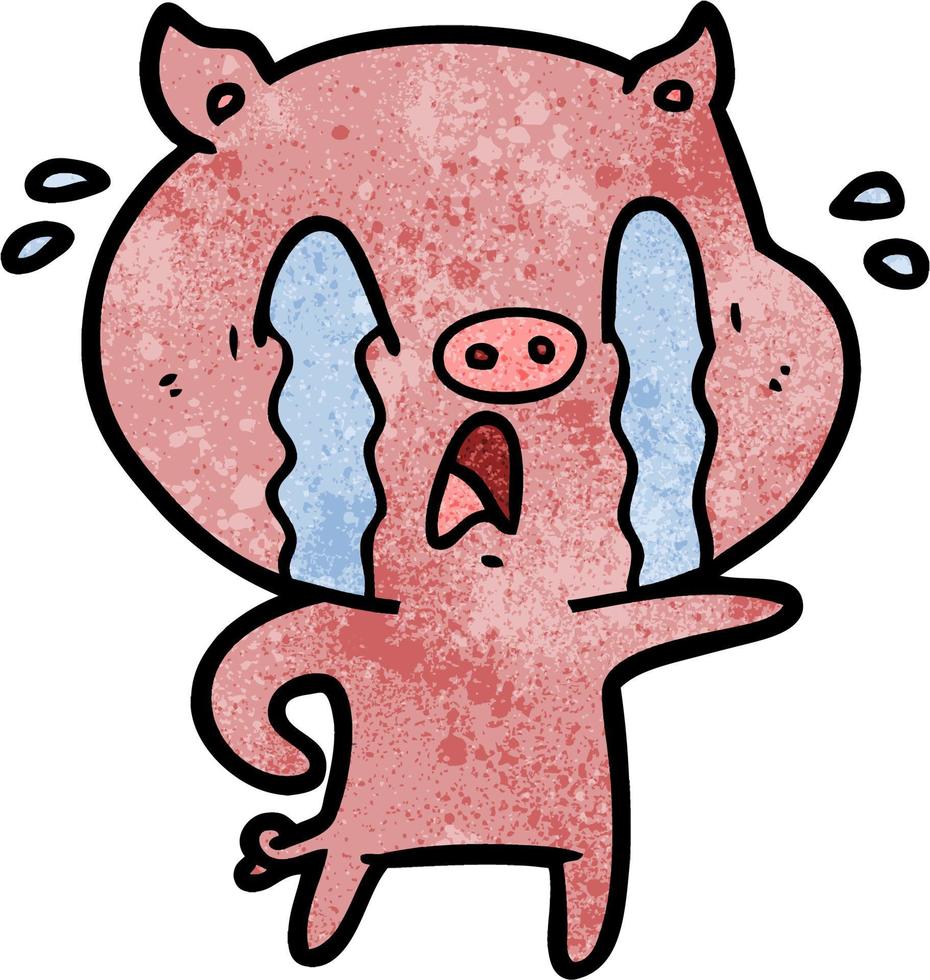 Retro grunge texture cartoon pig crying vector