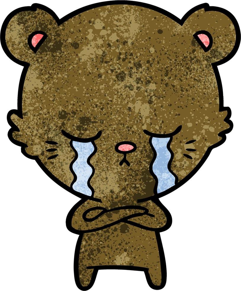 Retro grunge texture cartoon bear crying vector