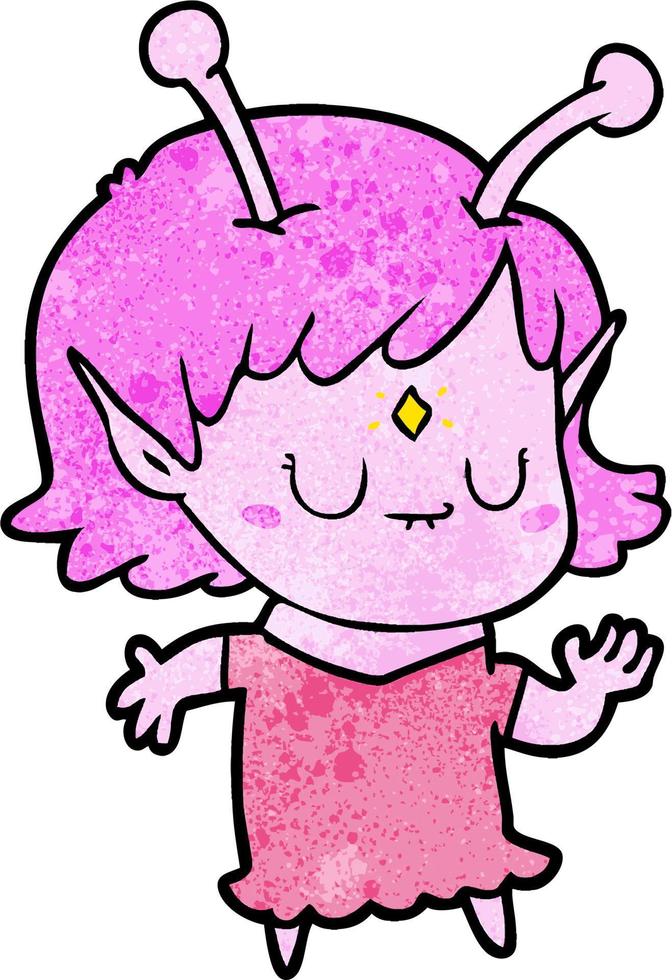 Retro grunge texture cartoon cute alien girl vector