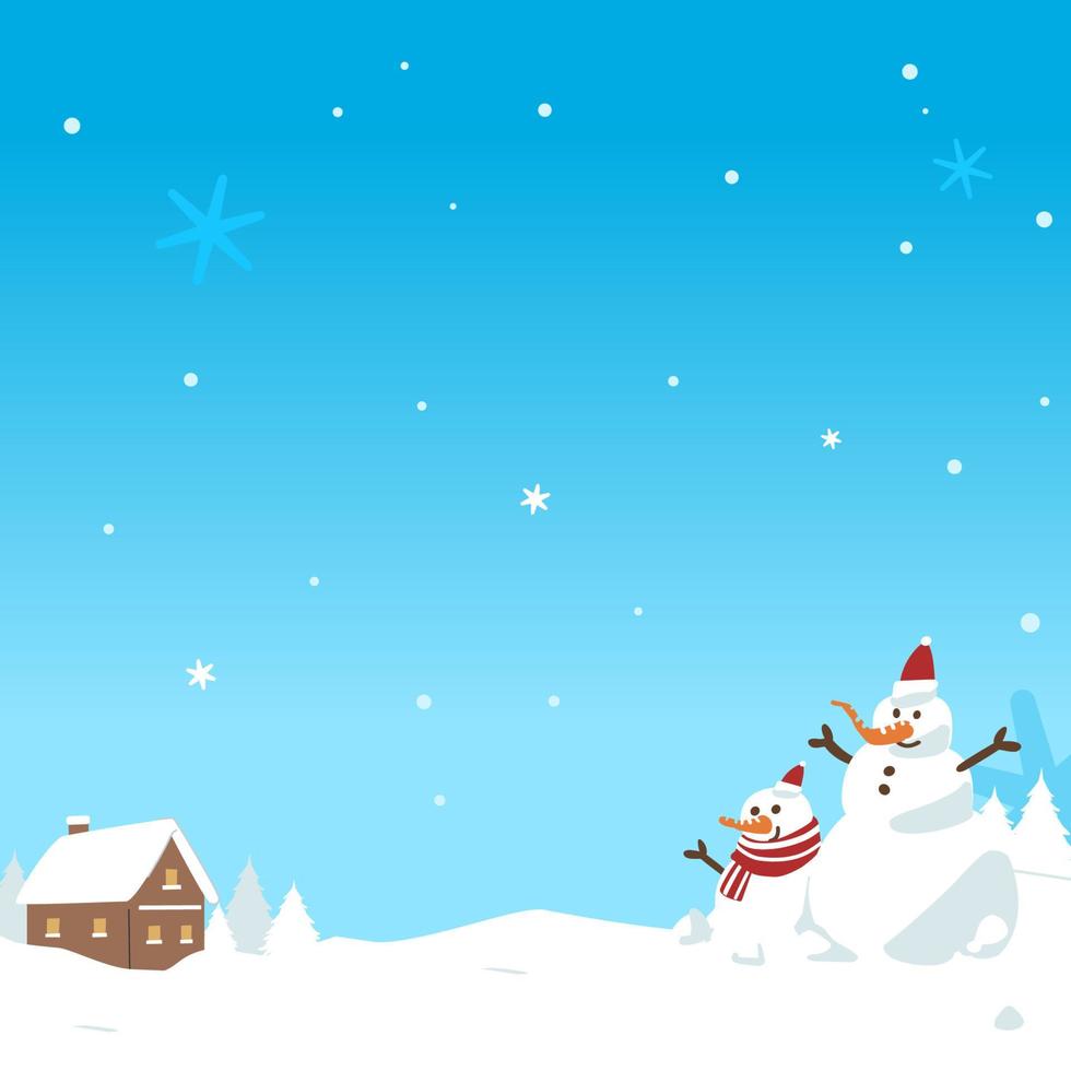 Cute Christmas background with snowman smiling happily outside and tiny house covered with snow vector illustration. Merry Christmas and happy new year greeting card, banner, poster.