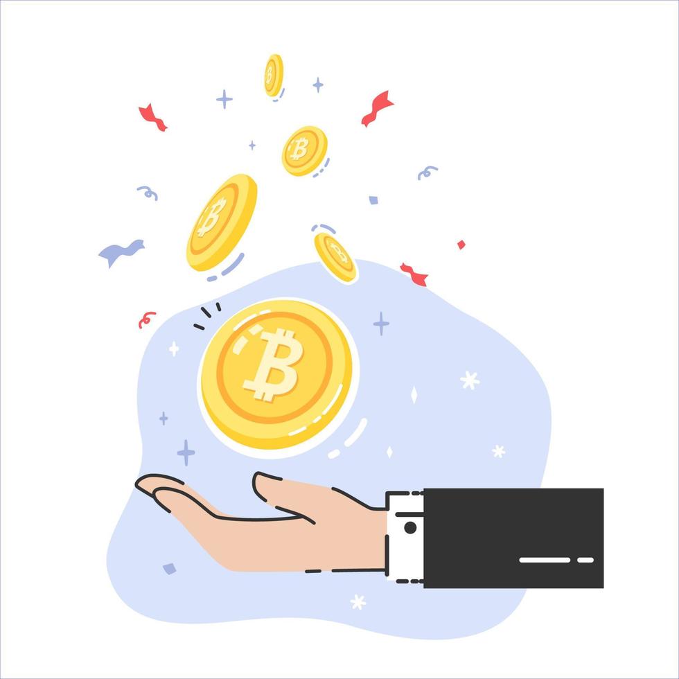 Cryptocurrency coin drop with hands, give and receive money, flat vector illustration isolated on white background. Cryptocurrency finance.
