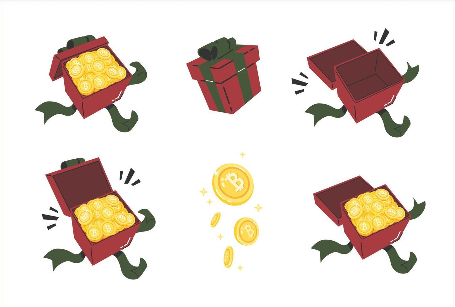 un conjunto variado de regalos de criptomoneda, dar y recibir regalos, pila de monedas, caja abierta, caja en blanco, ilustración vectorial plana de caída de monedas aislada en fondo blanco. financiación de criptomonedas. vector