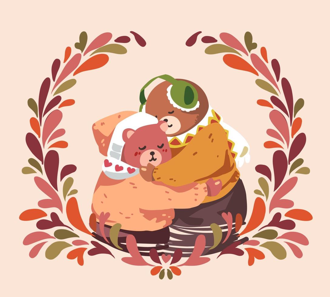 A romantic cute bear couple wearing sweater, scarft and earmuff warm hugging and stay together in cold weather cartoon flat vector illustration with floral frame. Happy Valentine's Day.