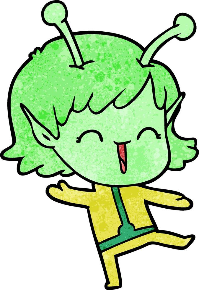 Retro grunge texture cartoon alien girl laughing vector