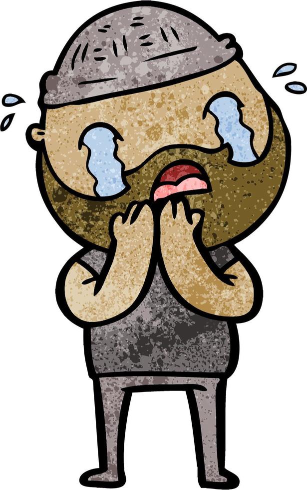 retro grunge texture cartoon man with beard crying vector