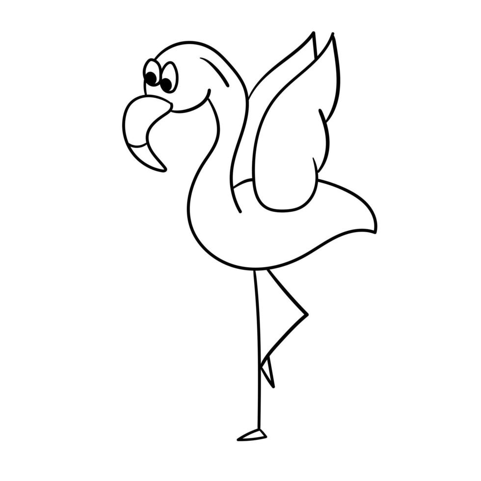 Simple flamingo, outline vector. Vector illustration of cartoon flamingo. The cute flamingo has raised its wings and stands on one leg.