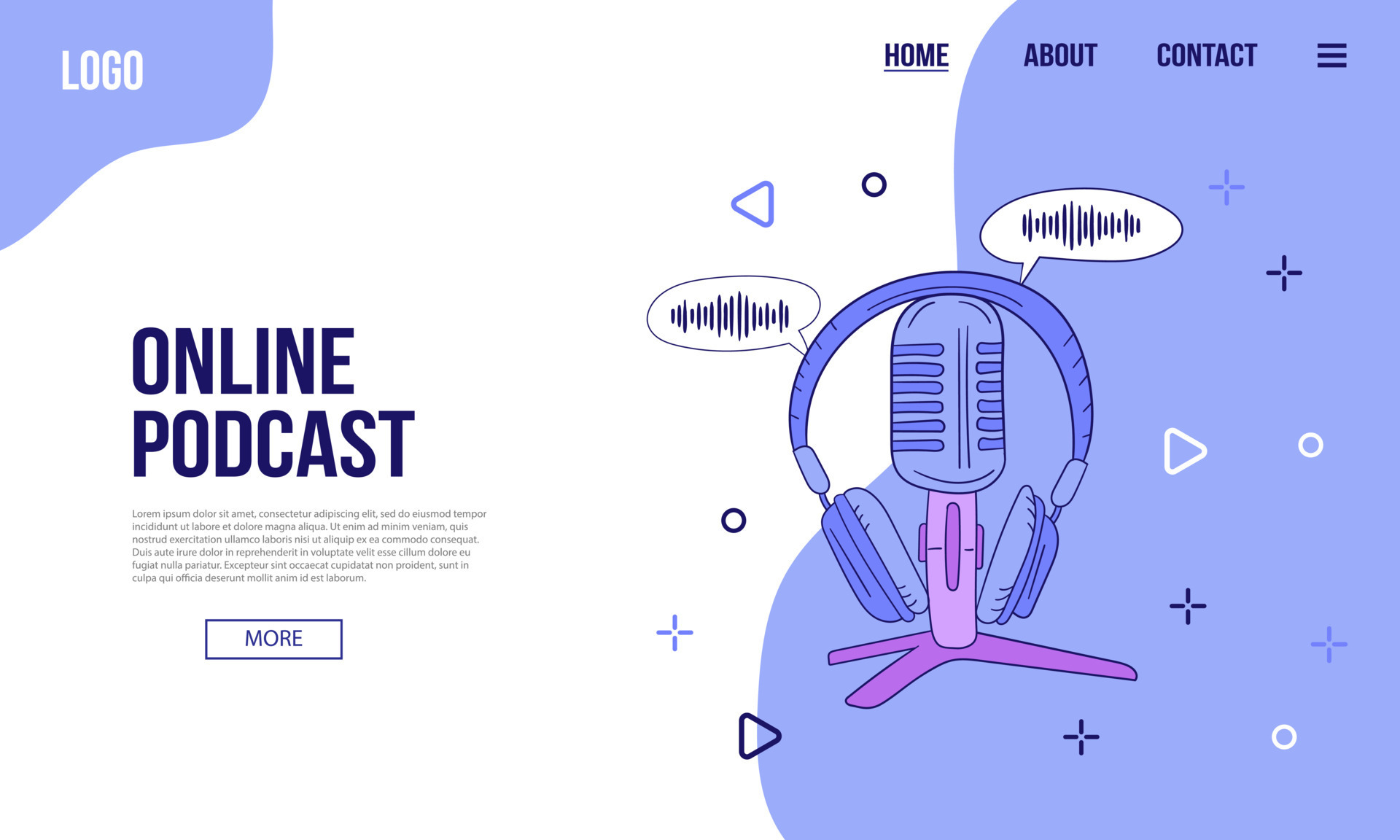 Podcast or audio content web banner or landing page template. Flat Podcast or audio content web banner or landing page template. Flat
