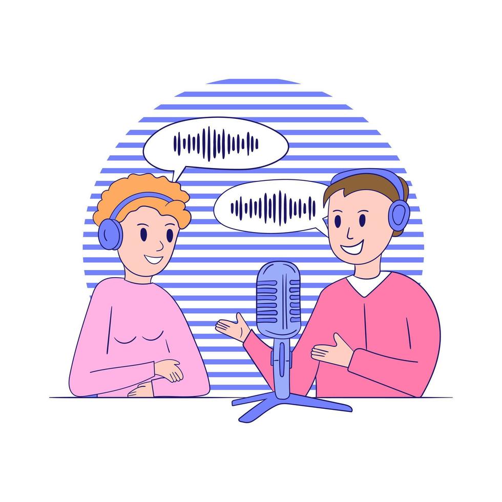 Young girl and boy record a podcast, online radio show. People with headphones are talking into a microphone. The concept of podcasting, broadcasting vector