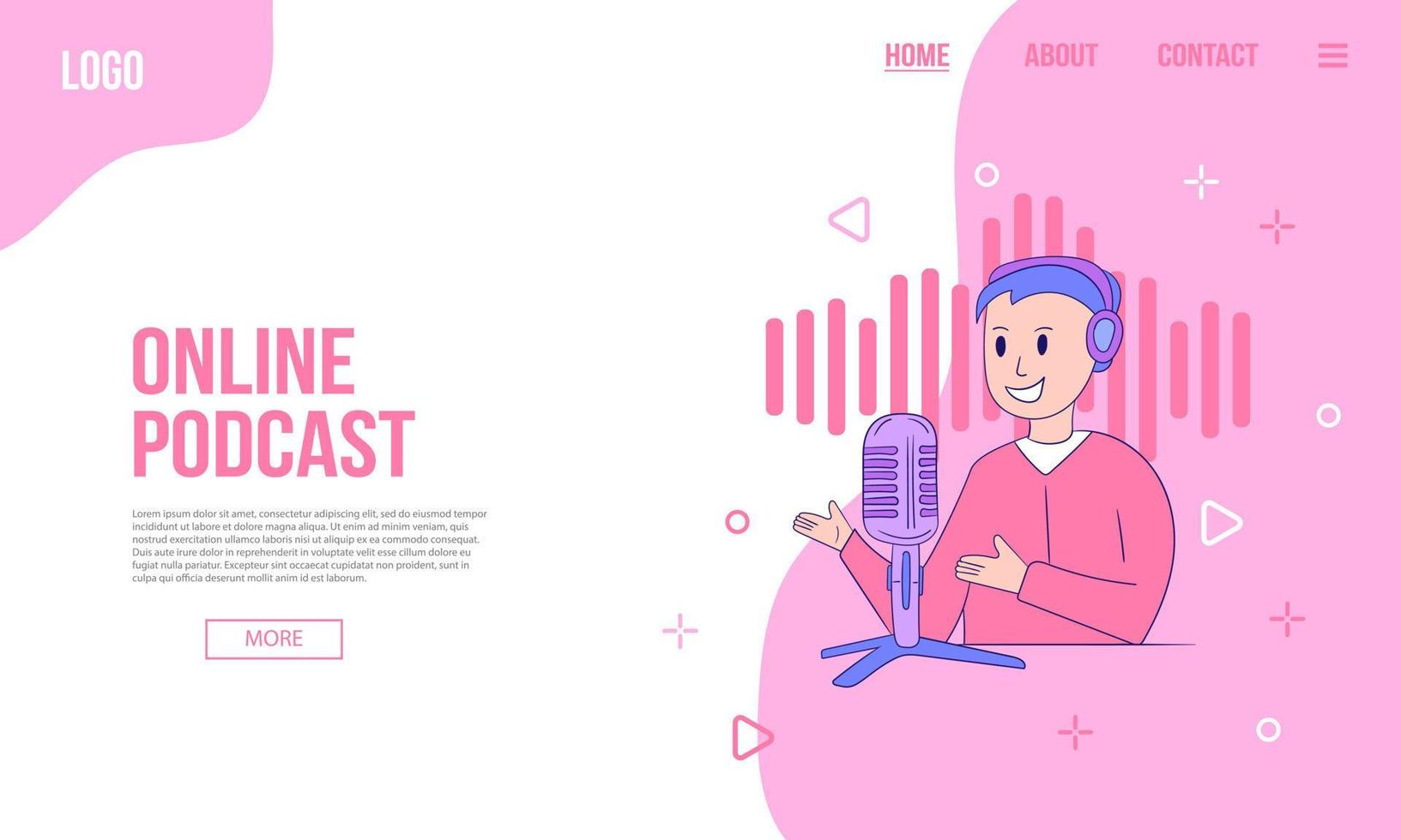 banner web de podcast o contenido de audio o plantilla de página de destino. ilustración de vector plano de podcaster con micrófono. formas abstractas, fondo rosa