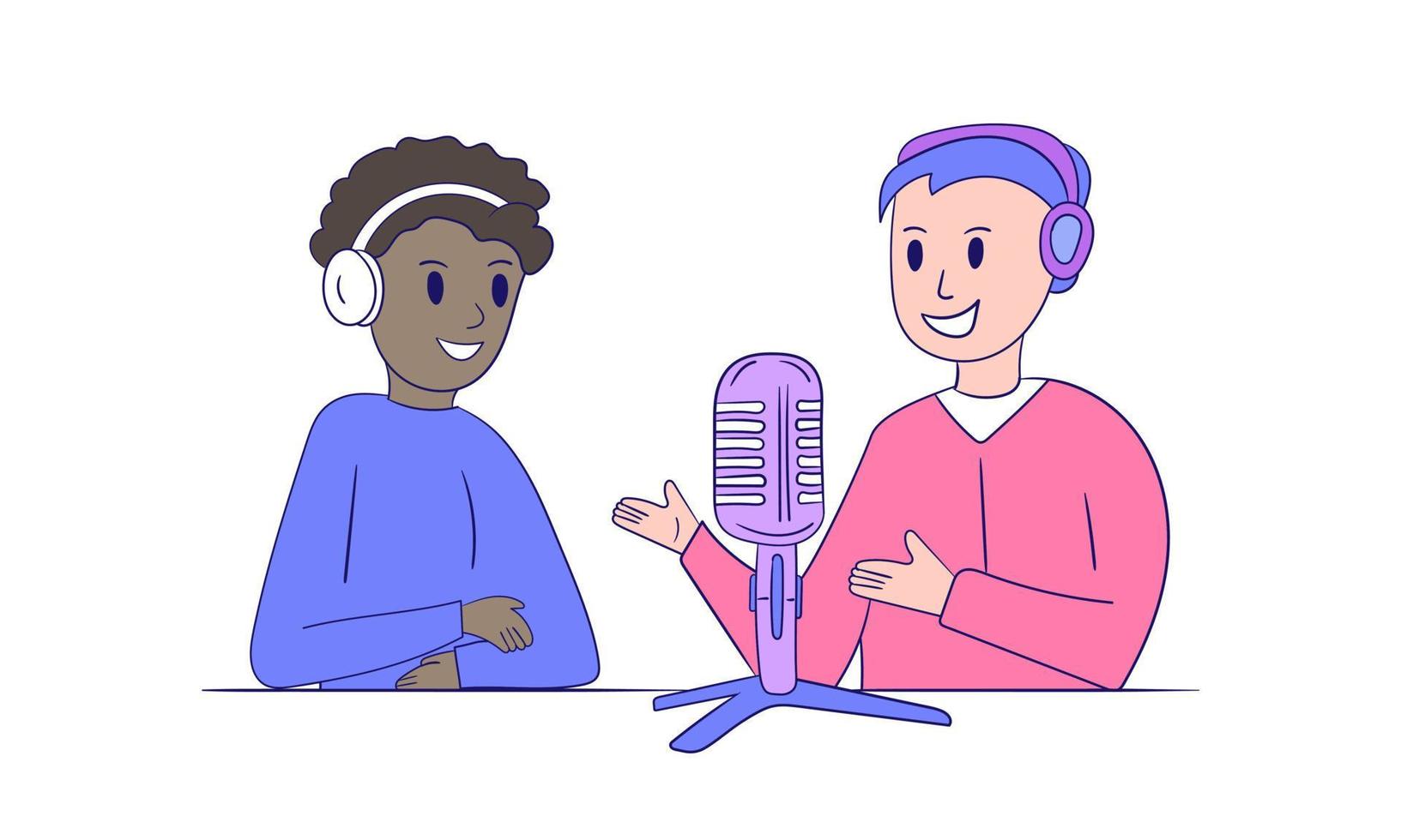 dos hombres hablando en transmisión en vivo. concepto de podcast en estudio. personas con auriculares en entrevista, transmisión, grabación de audio. chicos blancos y negros vector