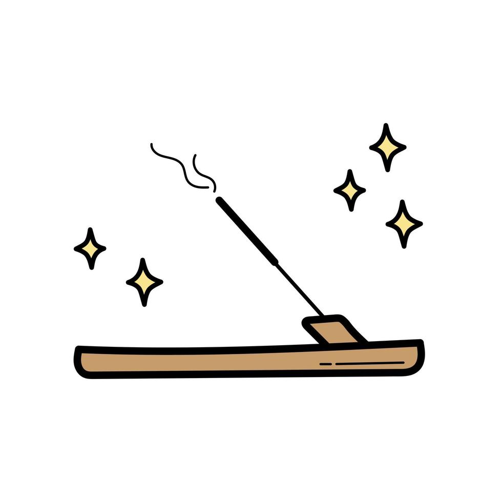 Aromatic stick on a wooden stand. Vector doodle isolated illustration on white