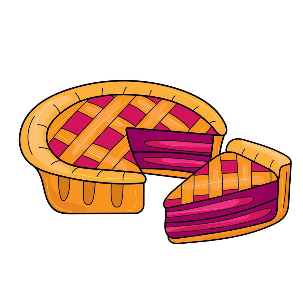 Cute cartoon pie. Cherry or bleuberry pie drawing. Cartoon image of traditional American baked dessert. Isolated vector illustration.