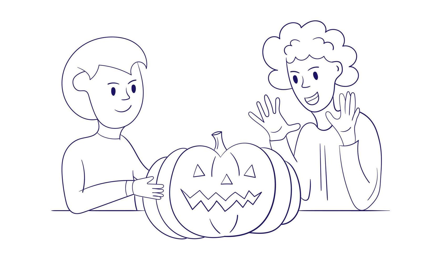The boy gave a pumpkin to the girl. Halloween illustration. Modern style, thin lines. Design for banner, coloring book vector